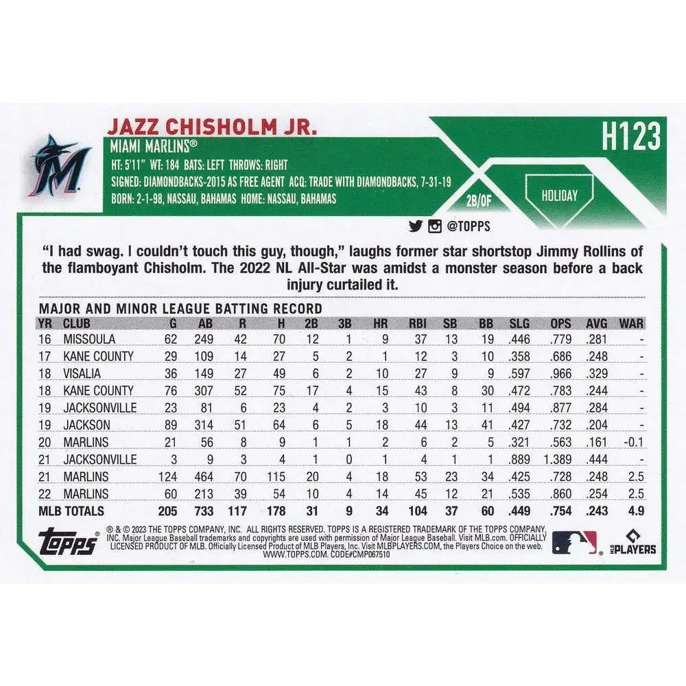 2023 Topps Holiday Jazz Chisholm Jr. H123 Miami Marlins